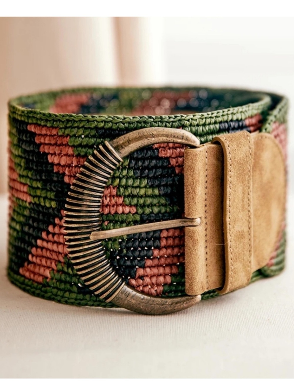 Sézane Woven Green Pink Navy Belt with Brass Buckle